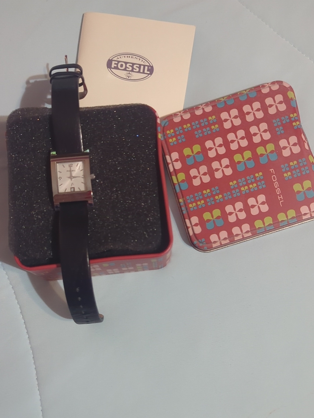 Fossil Black Leather-Strap Rectangular Silver Watch